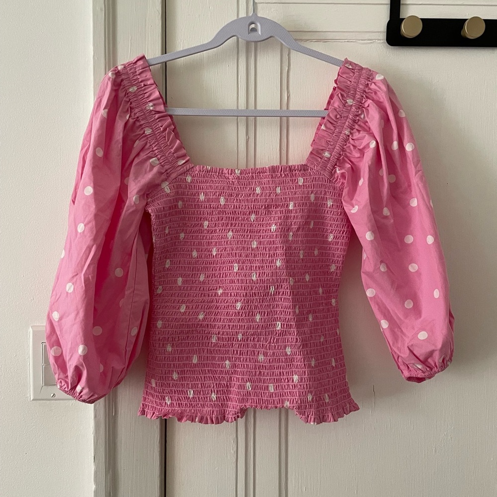 Ganni Polka Dot Smocked Organic Cotton Top